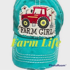 📌 4/$20 Baseball hat in teal with tractor and Farm Girl text